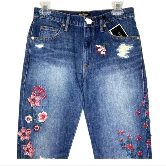 Juicy Couture Black Label Embellished Floral Cherry Blossom Boyfriend Jeans NWT